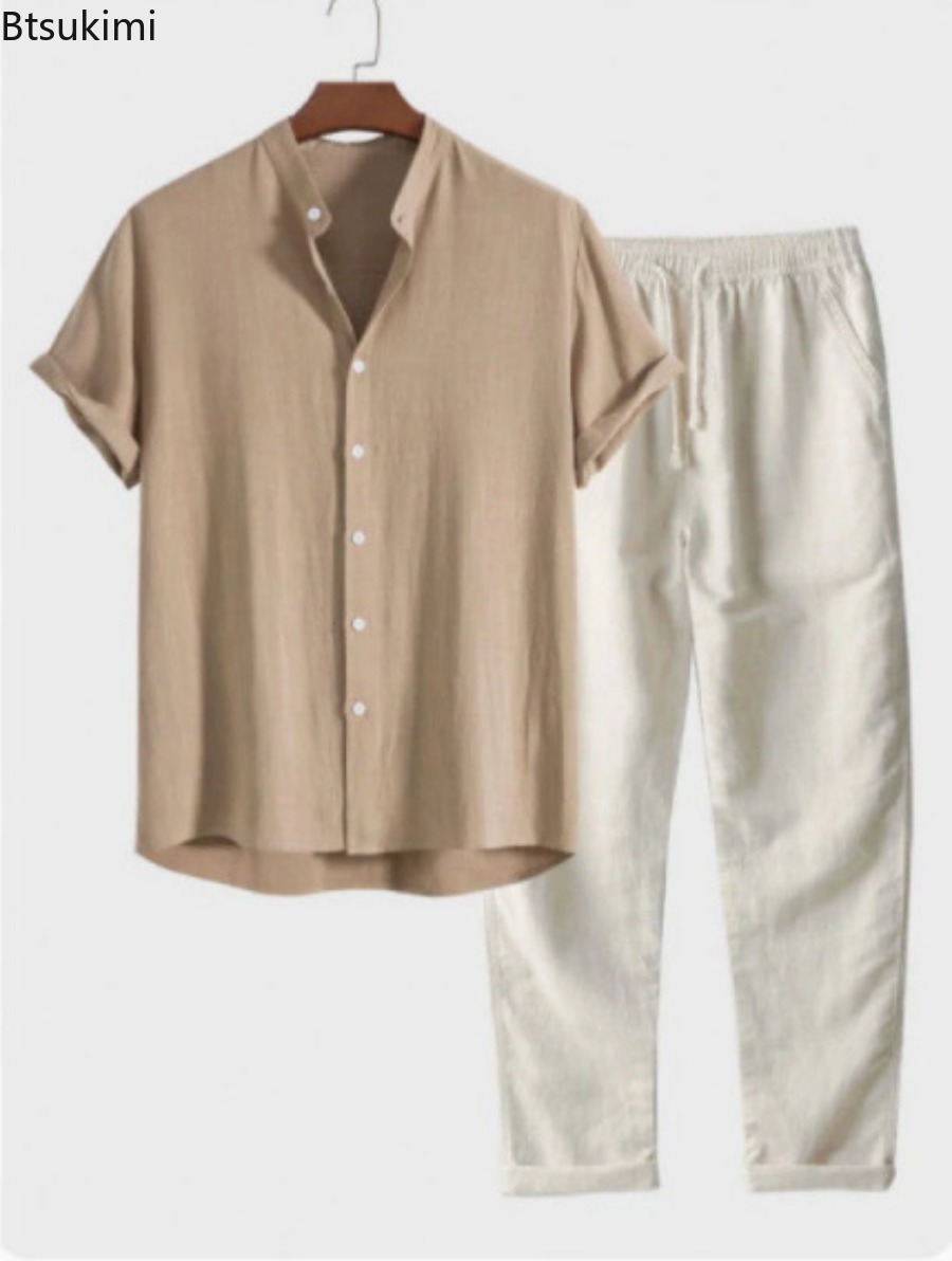 Linen Shirt Breathable - Мужской модный однотонный пляжный комплект из